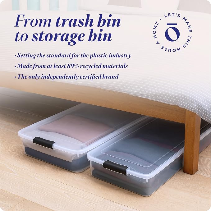 HOMZ 2-Pack Under Bed Storage Containers with Wheels - Home Organization Clear Plastic Storage Bins with Lids and Secure Latches - Durable, Stackable & Low-Profile, 60 Quart | Stackable Underbed Container Set for Shoes, Bags, Clothes, and Towel Organiz...