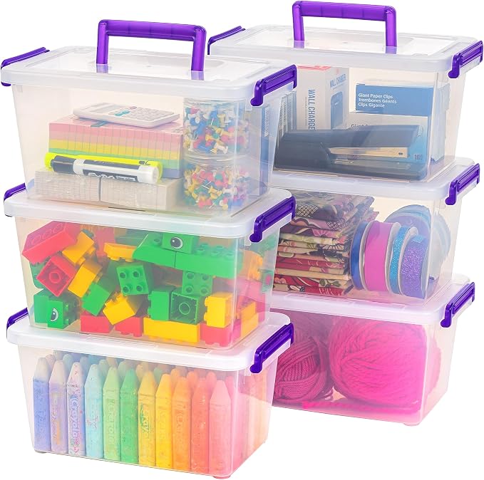 IRIS USA Storage Bins with Lids |Made in USA| 5 Qt - (6-Pack) - Clear | Built-In Handle Tote / Plastic Containers for Crafts, Art, Office & Study Supplies / Interlocking Latches