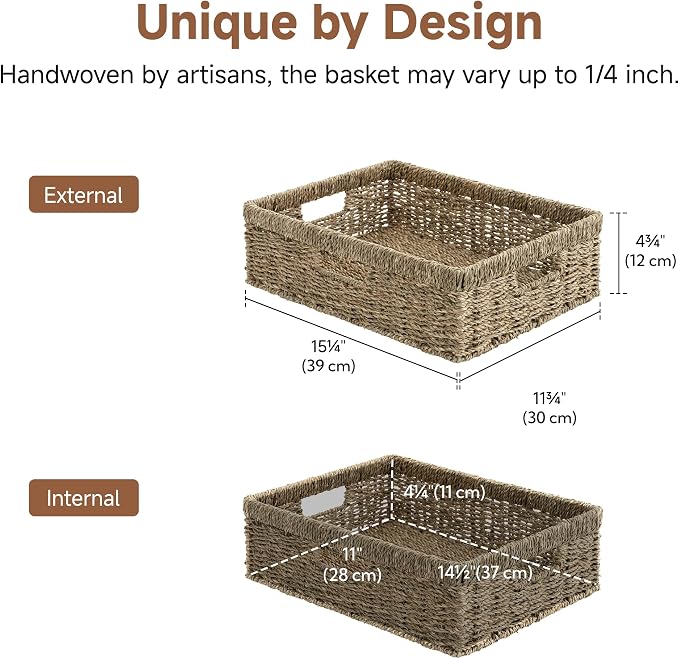 StorageWorks Pantry Baskets, Wicker Storage Baskets for Organizing, Shelves, Pantry Organizers and Storage, Seagrass, 15¼"L x 11¾"W x 4 ¾"H
