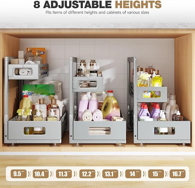 2 Pack 17IN-Depth Under Sink Organizer,Pull Out Cabinet Organizer With Smooth Cylindrical Rail,Metal Slide Out Drawer for Kitchen Bathroom Laundry,8-Level Tool Free Height Adjustable-Gun Gray