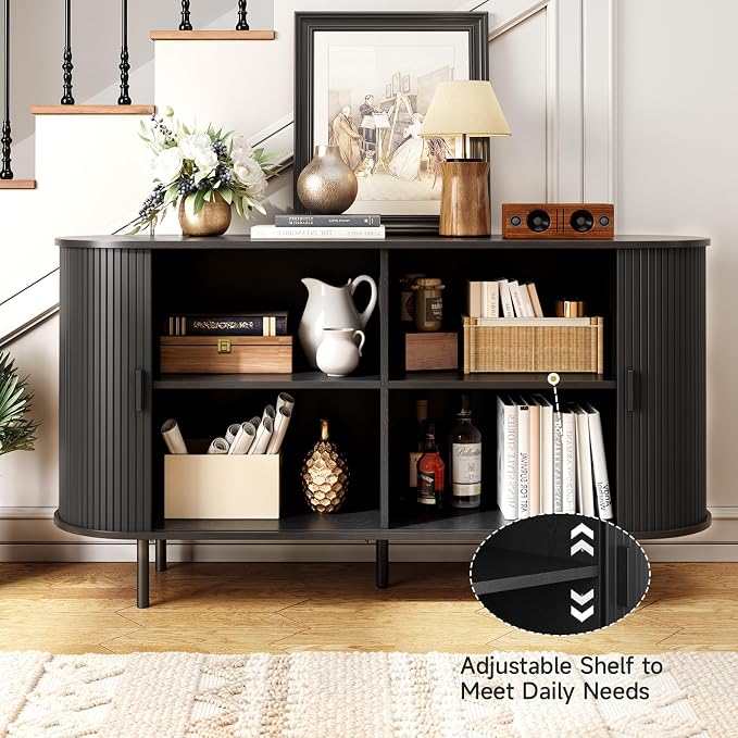 55" Sideboard Buffet Cabinet with Storage, Storage Cabinet with Sliding Door & Adjustable Shelf, Modern Accent Coffee Bar Cabinet Console Table for Kitchen, Entryway, Black