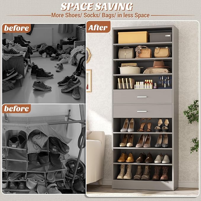 Aheaplus Tall Shoe Cabinet, 10 Tiers Wood Shoe Rack, Vertical Shoe Storage Organizer with 2 Drawers, Narrow Shoe Shelf Tower for 24-28 Pairs, Space Saving, for Closet, Entryway, Bedroom, Grey