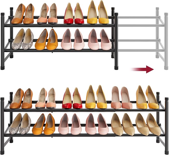 Expandable Shoe Rack for Closet 2 Tier, 28“-41“Stackable, Black | Adjustable Shoe Organizer Closet Shoe Rack Floor, Metal Shoe Shelf Storage for Entryway, Closet, Garage, Front Door Entrance