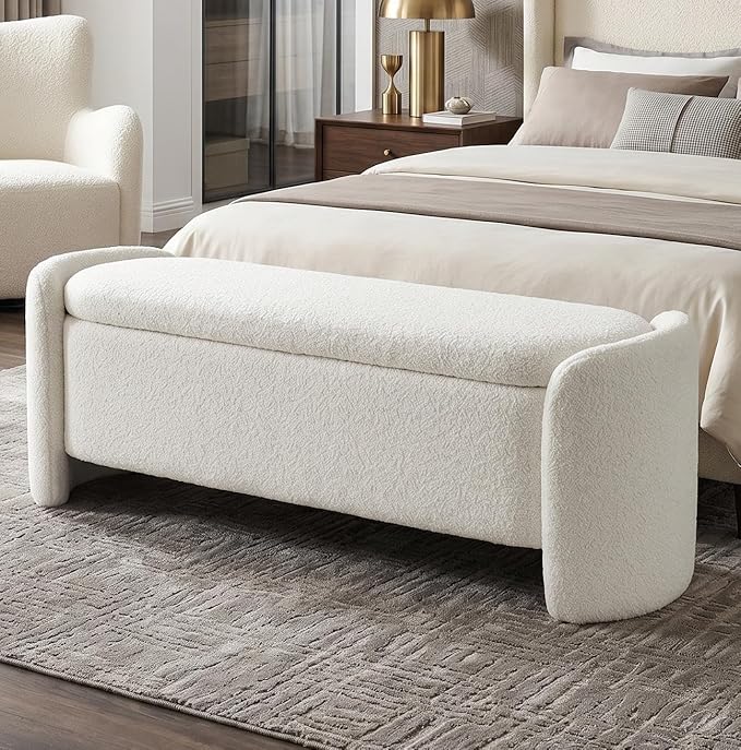 LukeAlon 50" Wide Sherpa Storage Bench, Sturdy Solid Wood Frame Ottoman with Large Hidden Storage, Anti-Slip & Durable Shoe Bench for Bedroom, Entryway, Living Room, White, No Assembly Required
