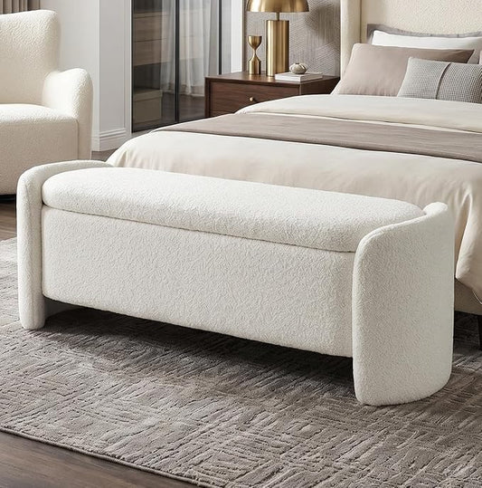 LukeAlon 50" Wide Sherpa Storage Bench, Sturdy Solid Wood Frame Ottoman with Large Hidden Storage, Anti-Slip & Durable Shoe Bench for Bedroom, Entryway, Living Room, White, No Assembly Required
