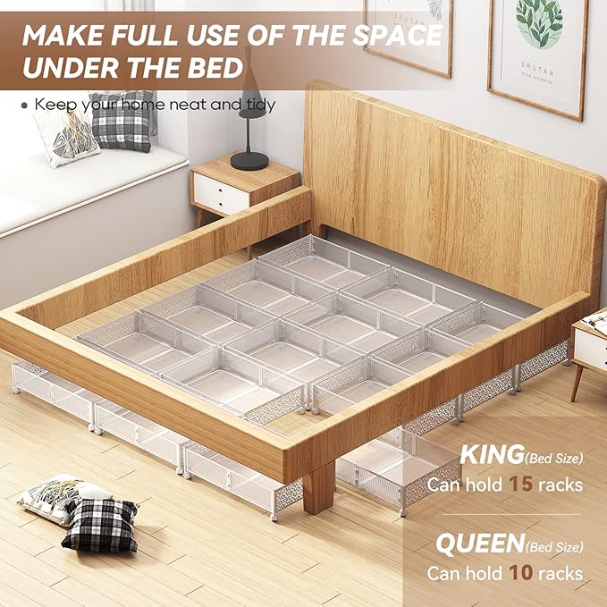 PHINOX Under Bed Storage with Wheels,Patterned,Sturdy Metal,4 Pack,White | Tool-free assembly, glide smoothly, easy reach, foldable, maxmazie low-profile beds, dorm, keep seasonal clothes, shoes fresh