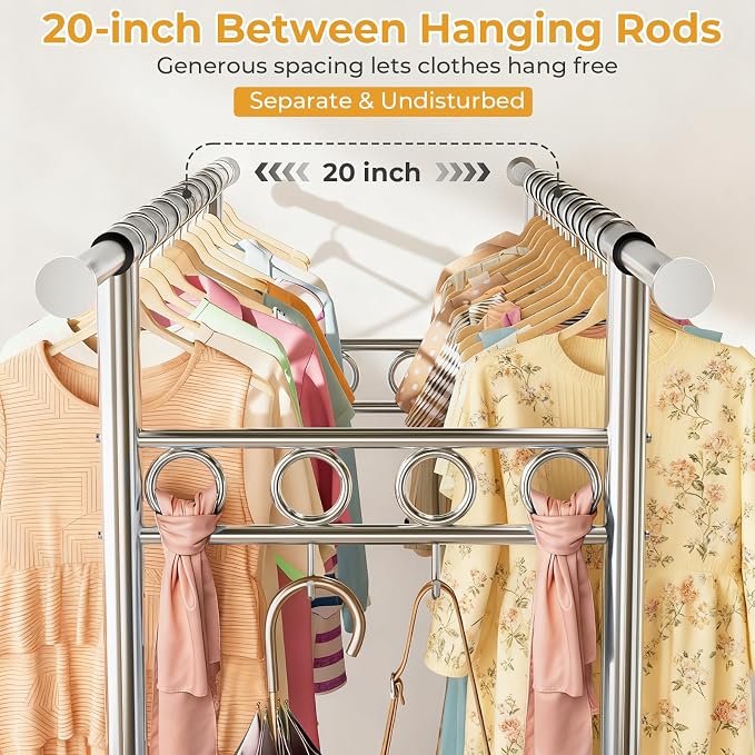 Heavy Duty Clothes Rack Load 1060LBS, Four Rods Rolling Clothing Racks for Hanging Clothes, Rolling Garment Rack With Sturdy Wheels Shelves Hooks, Portable & Adjustable Commercial Garment Rack, Silver