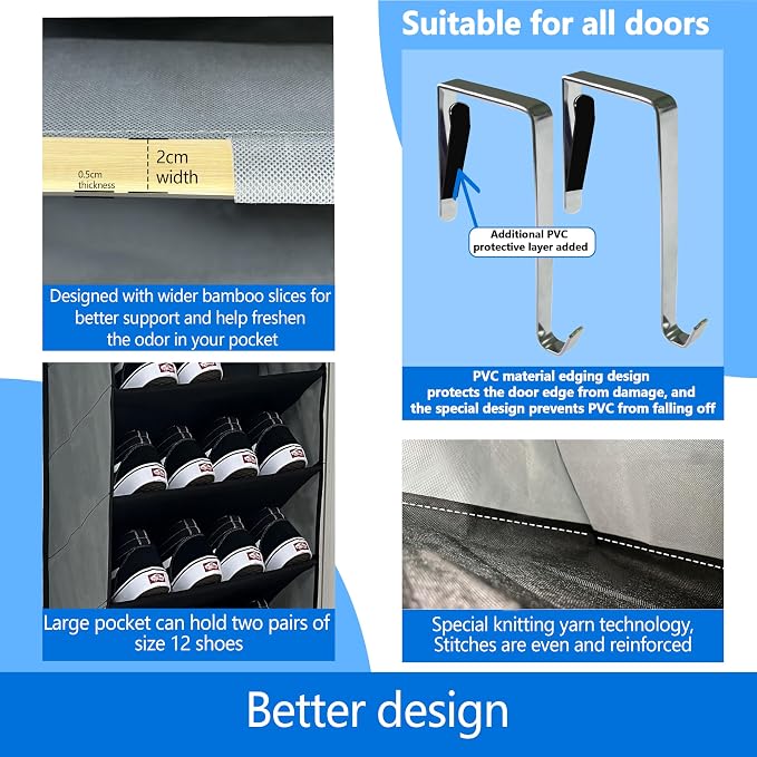 shoe organizer,70 Pounds Large Capacity,20-30-Pair over the door shoe organizer,10 Tiers shoe rack for closet,New upgrade Anti-scratch heavy duty hook and Bamboo material Baffle,Grey/Black