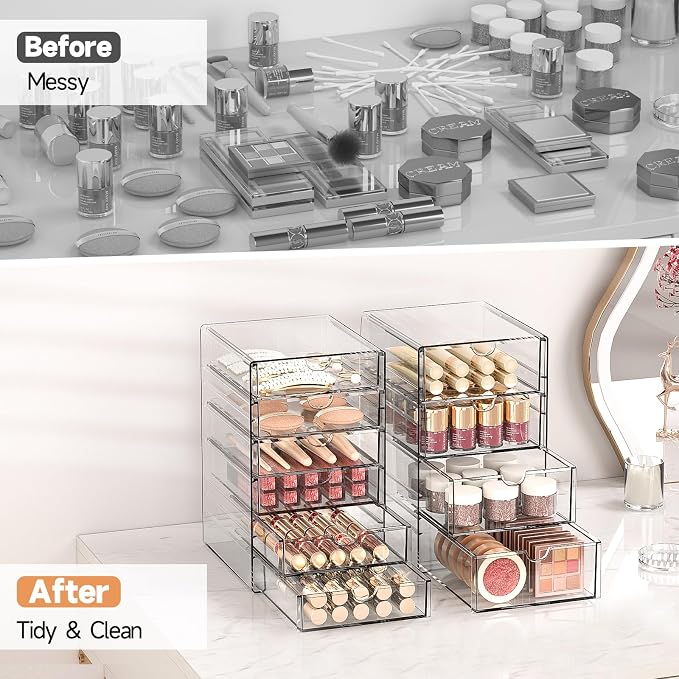 DOMNIU Acrylic Makeup Drawer Storage Organizer with 13 Drawers, 3 Set | Office Desk Organization and Storage, Dustproof Drawer Organizer for Makeup, Countertop, Jewelry, Desktop, Bathroom, Bedroom