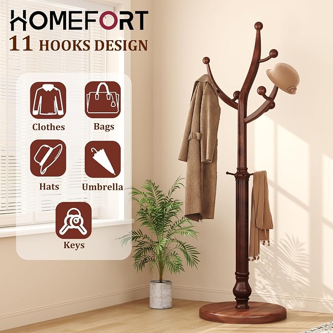 HOMEFORT Coat Rack Freestanding, Wooden Coat Tree Rack with 11 Hooks, Heavy Duty Wood Clothes Hanger with Sturdy Round Base, Vintage Coat Hat Stand for Entryway, Hallway, Bedroom,Walnut