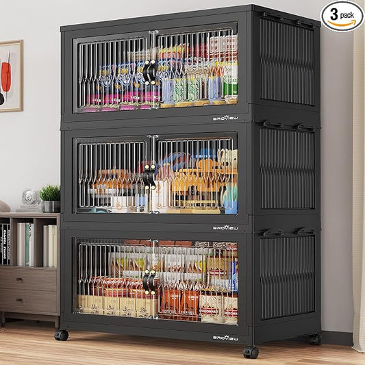 BROVIEW 600 Qt Extra Large Stackable Storage Bins with Lid, Plastic Closet Organizer and Storage Drawer, Collapsible Storage Box with Wheels, Folding Storage Cabinet for Closet Organizing, 3Pack Black