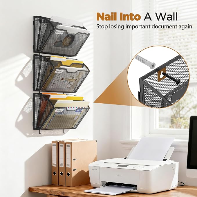 Docnest 3 Pack 3 Tier Mesh Wall File Holders with Hooks for Mail, Black | Space-saving vertical design with utility hooks. Ideal paper document organizer for office, home, and school