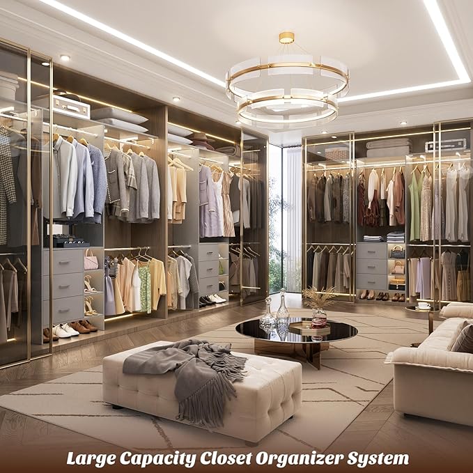 Aheaplus Closet System, Closet Organizer with 3 Wooden Drawers, 8FT Closet Organizer System, 96’’ Walk-in Closet Wardrobe Clothes Rack with Hanging Rods, Garment Rack, Fits 5.3-9 ft, -G6, Grey