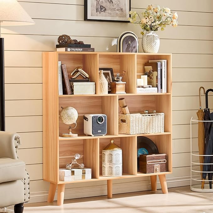 LEYAOYAO 8 Cube Bookshelf, Mid-Century Modern Book Shelf with Legs, Natural | 3 Tier Bookcase, Rustic Wood Bookshelves Freestanding Large Storage Organizer, Open Shelves for Bedroom, Living Room, Office