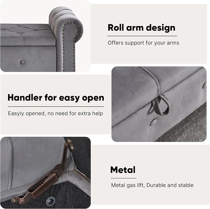 Storage Bench 67" Velvet End of Bed Benches Dark Grey | King Size Storage Bench for Bedroom with Rolled Arms Tufted Ottoman Benches Upholstered Bench for Living Room Entryway