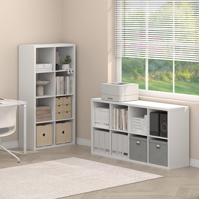 Furinno Cubicle Book Shelf Set of 2, 8-Cube Bookshelf, White | 14.6 x 30 x 57.9, Thick Frame, Horizontal & Vertical Reversible Bookcase, Open Back, for Living Room, Bedroom, Home Office
