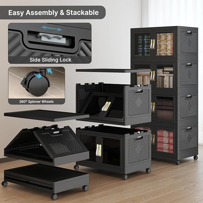 Stackable Storage Bins with Lids, 480QT Extra Large Storage Cabinet | Clear Doors, Foldable Storage Drawers, Heavy Duty, Collapsible Closet Organizers for Bedroom Office (4, Black, 120, Quarts)