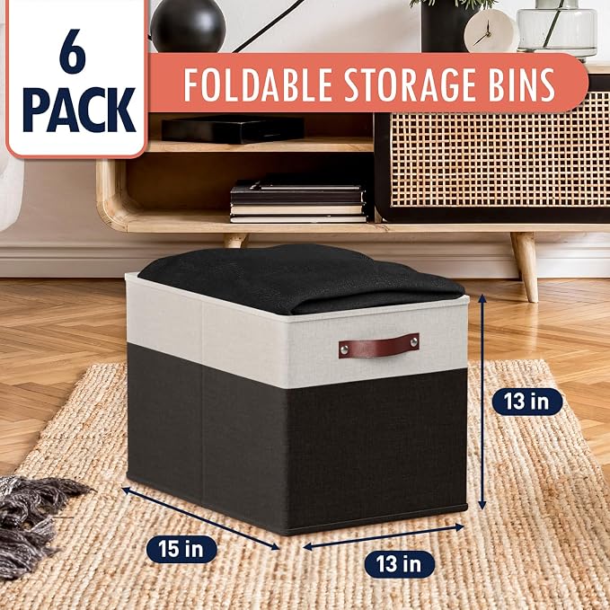 Ornavo Home 13x15x13 Foldable Fabric Storage Cube Bins, 6 Pack, White/Black | Collapsible Linen Shelf Basket Organizer; Leather Handles; Fits Cube Storage Shelving Units
