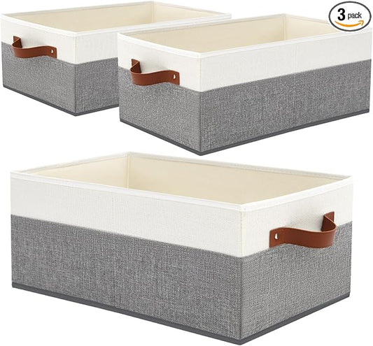 3 Pack Large Capacity Storage Bins Closet Organizer for Shelves | Fabric Closet Storage Baskets Boxes with Leather Handles for Organizing Clothes, Sheets, Jeans, Toys, Books (Grey)