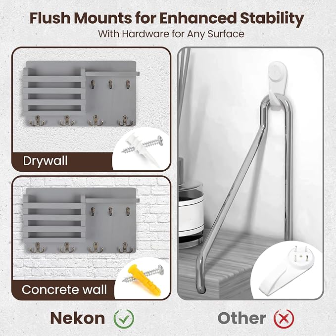Nekon Mail Holder for Wall Mail Organizer with Key Hooks Hallway Farmhouse Decor Storage Racks with Floating Shelf and Flush Mount Hardware (16.8Inch x 10Inch x 3.2Inch) (Gray)