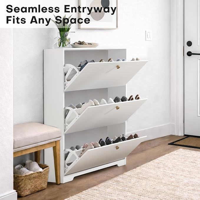 Nicetree Shoe Cabinet with 3 Flip Drawers, Modern Entryway Organizer, White | Narrow Shoe Organizer, Freestanding Shoe Rack Cabinet, Modern Shoe Storage Cabinet for Entryway, Hallway, Foyer, With Hook