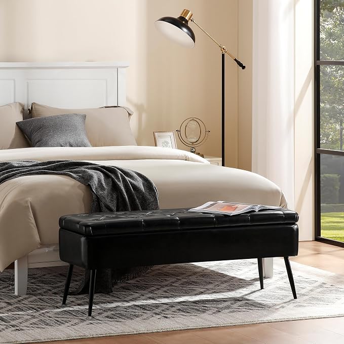 kinmars Leather Storage Ottoman Bench, End of Bed Bench with Steel Legs | Black Leather Button Tufted Design | 660 lb Capacity | Safety Hinges | Mid-Century Modern Style | Bedroom & Entryway