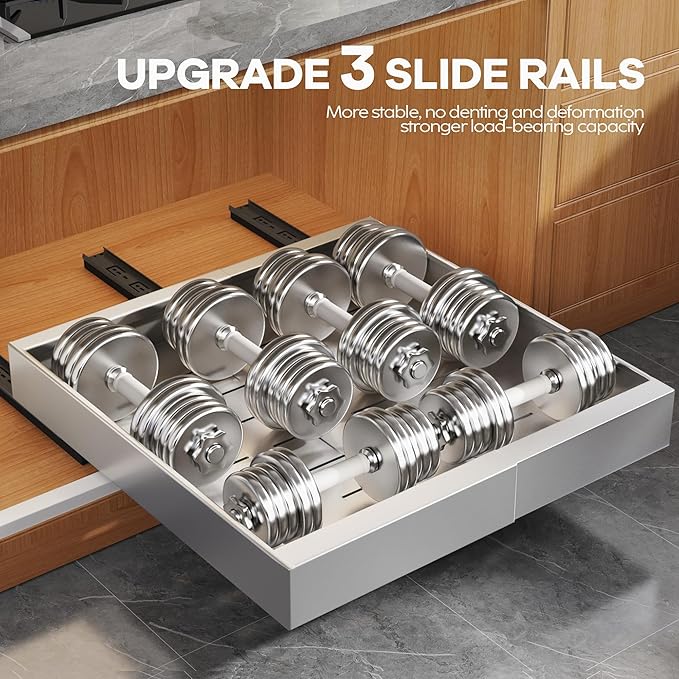 Seinloes 4Pack Expandable Pull Out Cabinet Organizer 21" Deep with Raising Pad for Framed Cabinets,Slide Out Drawers with 4pcs Divider Racks,Roll Out Shelves,Adjustable Width 12.05"-20.4" Silver