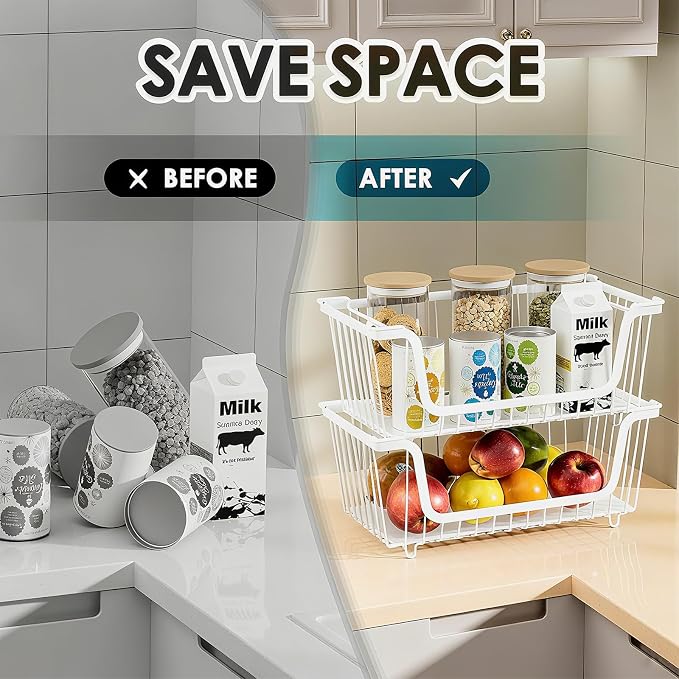 GAOKASE 6 Pcs Stackable Wire Baskets for Pantry Organizers and Storage, | Vegetable Fruit Basket for Countertop,Kitchen Storage Metal Baskets,Produce Potato Onion Storage Bin,White
