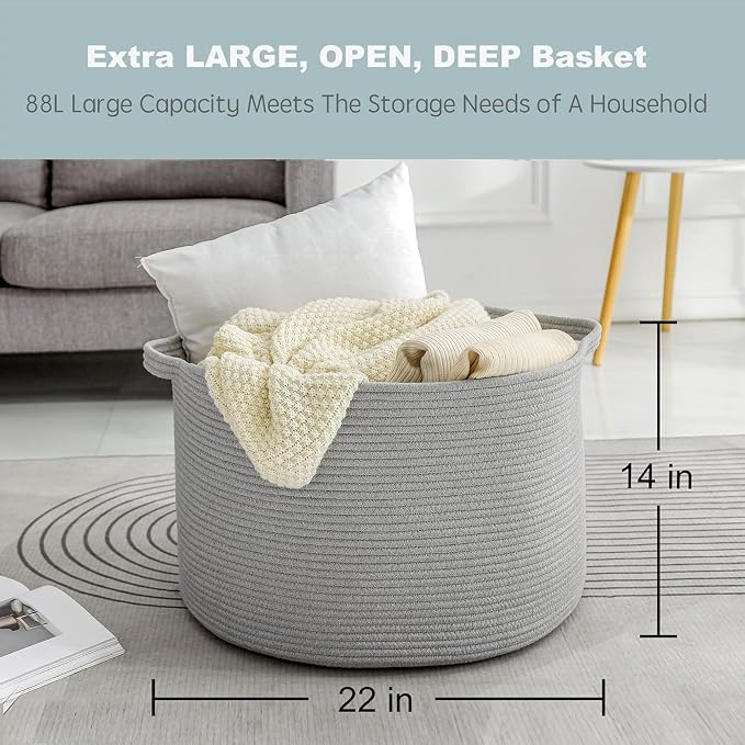 Extra Large Grey Storage Basket, 22" X 22" X 14" XXXL Blanket Basket for Living Room, Gray Wicker Woven Cotton Rope Baskets for Storage, Kids Toy Baskets Bins, Decorative Pillow Towel Basket