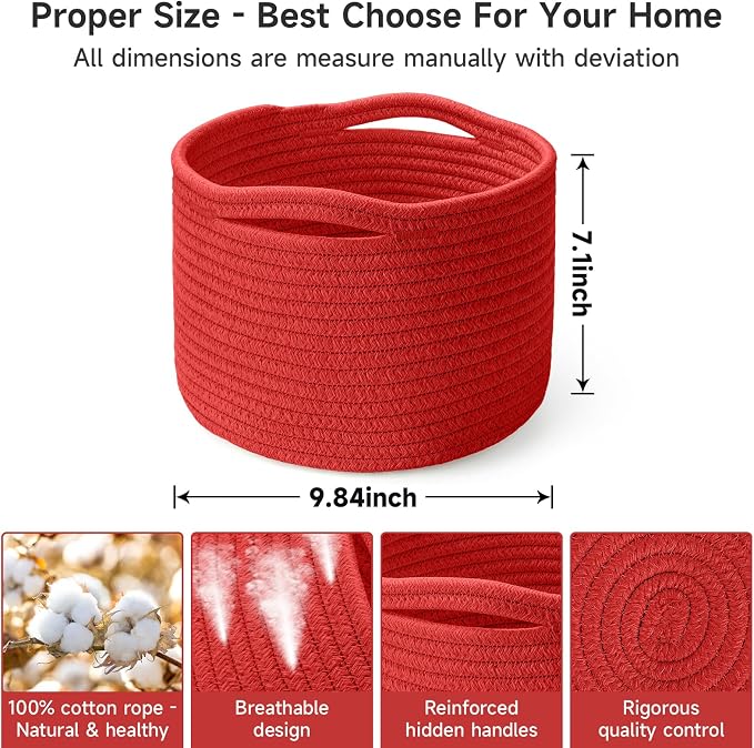 3 Pack Small Rope Storage Baskets, 9.82×9.82×7.1", Red | Cotton Basket for Gifts Empty, Cute Round Woven Basket, Decorative Shelf Basket Organizer, Organizing Basket for Shelves