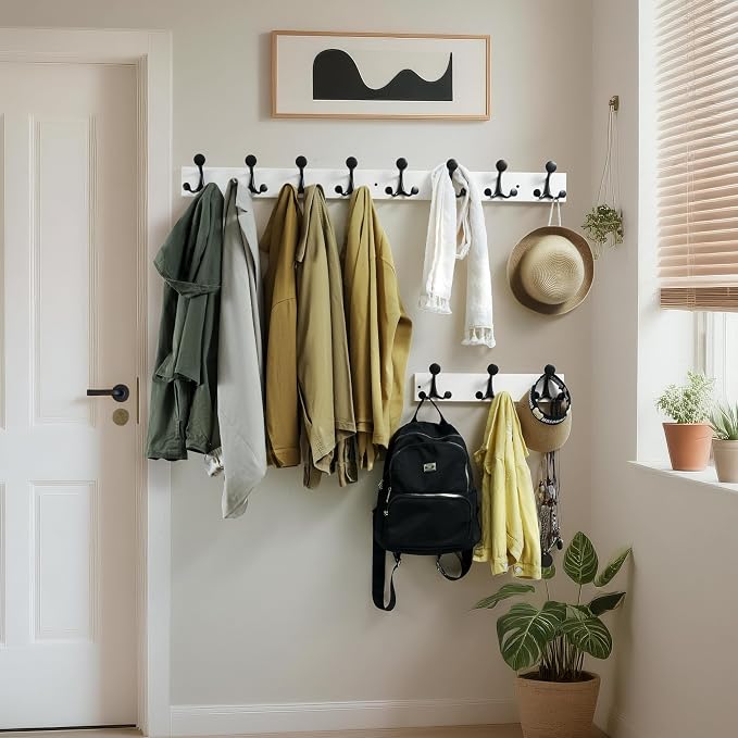 WEBI Coat Rack Wall Mount,24" Solid Wood Coat Hooks Wall Mounted Coat Hanger,16" Hole to Hole,Heavy Duty Hook Rack Rail,4 Triple Hooks for Hanging Coats,Jacket,Clothes,Hat,Backpack,White,2 Packs