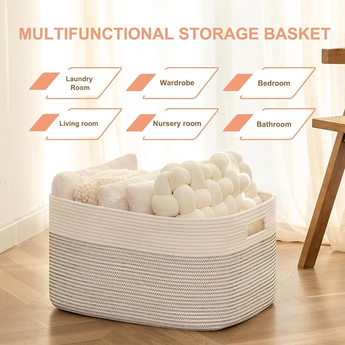 75L Large Cotton Rope Basket, Soft Toy Storage Bin for Nursery & Living Room, Decorative Blanket Basket for Bedroom, Baby-Safe Organizer for Pillows &Laundry, 22''×17''×12'', Black & White
