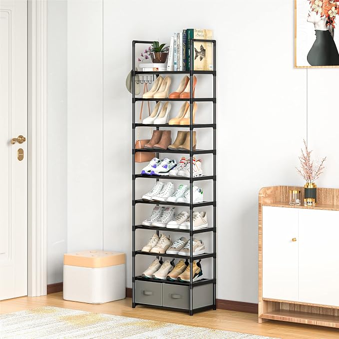 Tall Shoe Rack Narrow 10 Tier Shoes Rack 20 25 Pairs + 2 Boxes 1 Hook | Shoe Storage Organizer for Closet, Entryway, Living Room,Sturdy Metal Shoe Shelf Shoe Stand Closet Organizers and Storage