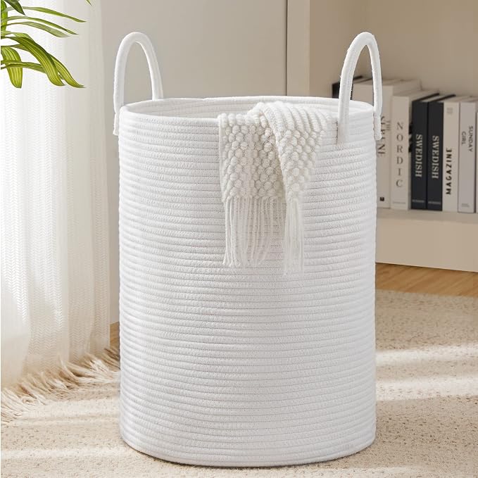 Woven Rope Laundry Hamper Basket by YOUDENOVA, 58L Tall Laundry Basket, Baby Nursery Hamper for Blanket Storage, Clothes Hamper for Laundry in Bedroom-Large-Pure White | Large Woven Laundry Hamper with Sturdy Handles, Collapsible Home Decor Laundry Bas...