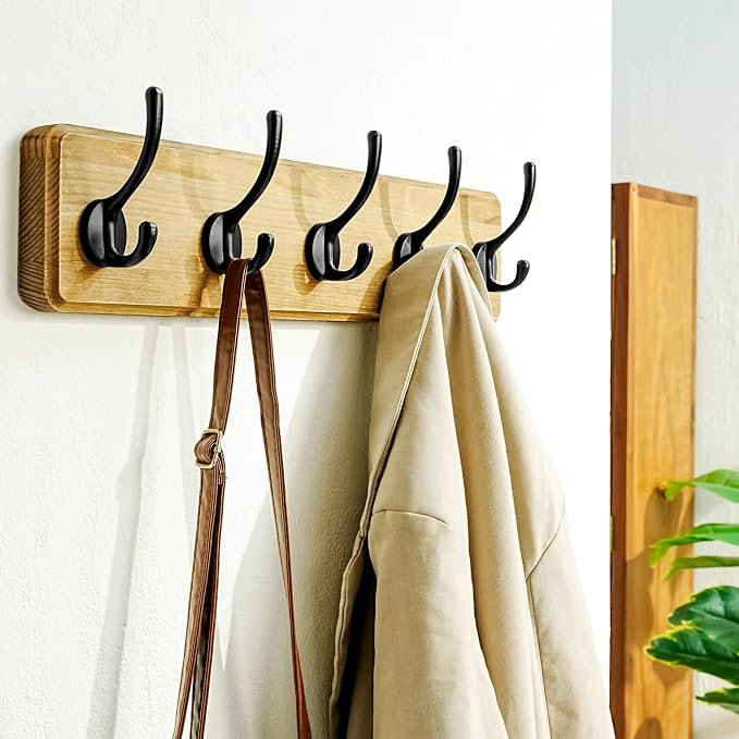 Coat Rack Wall: Patented, Heavy-Duty, 17.4" Long 5-Double-Hooks Wooden Wall Mounted Coat Rack Coat Hanger Hook Rail for Winter Coats Hat Jacket Clothing, Weathered Brown, Pack of 2
