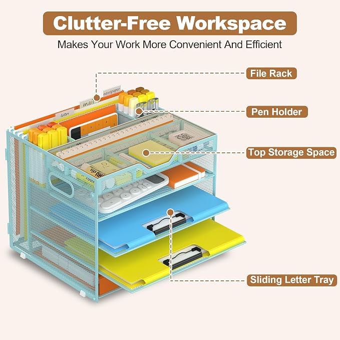 Docnest 5 Tier Desk Organizer with Hanging File Folder Holder&Tray, Blue | Features 3 detachable pen holders and 4 removable dividers.Versatile mesh desktop storage for mail, document,office supplie