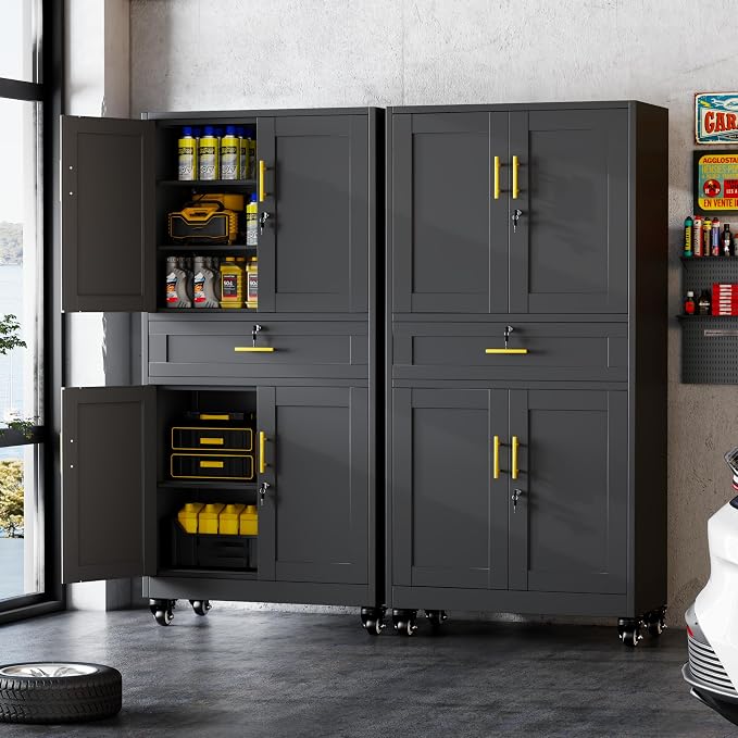 GAIOUS 74” Tall Metal Garage Storage Cabinet with Wheels and Drawer, Steel File Cabinet for Home Office, Tool Cabinet with 4 Locking Doors and 3 Adjustable Shelves, Rolling Cabinet for Garage-Black