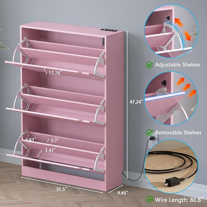 BORNOON Shoe Cabinet with Odor Control and Back Panels, Deodorizing Slim 3-Flip Shoe Storage Cabinet for Entryway, Freestanding Hidden Shoe Rack Organizer for Entrance, Hallway, Bedroom