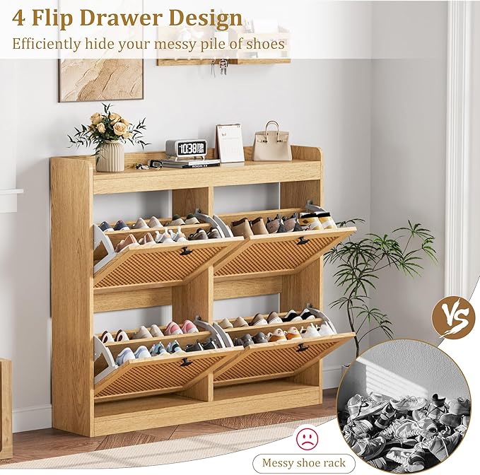 Garvee Shoe Storage Cabinet with 4 Deep Flip Drawers, Wood Shoe Cabinet with Rattan Doors and Adjustable Shelves- Freestanding Shoe Organizer for Entryway, Hallway (Oak, 4 Drawers- 2PCS)