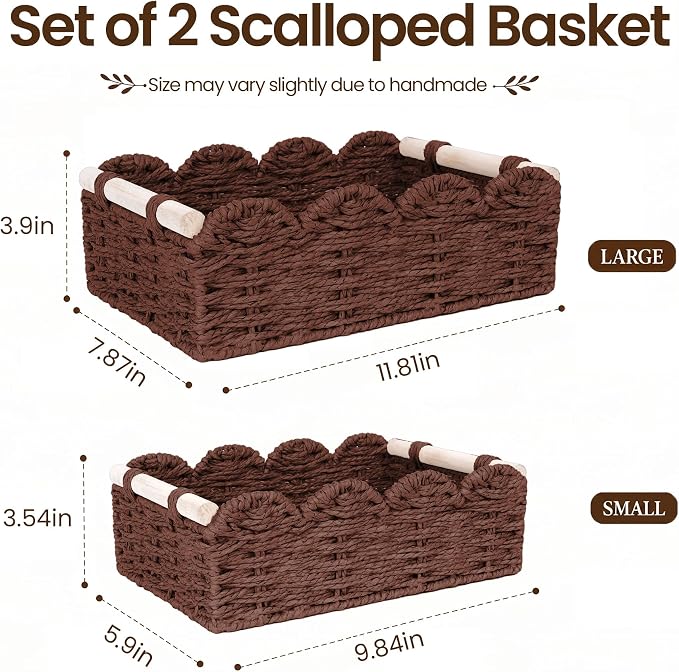iEGrow Paper Rope Small Storage Baskets for Organizing, Set of 2 Scalloped Edge Wicker Basket with Wooden Handles Toilet Paper Basket for Over Toilet Storage Shelf, Home Decor, Living Room (Brown)