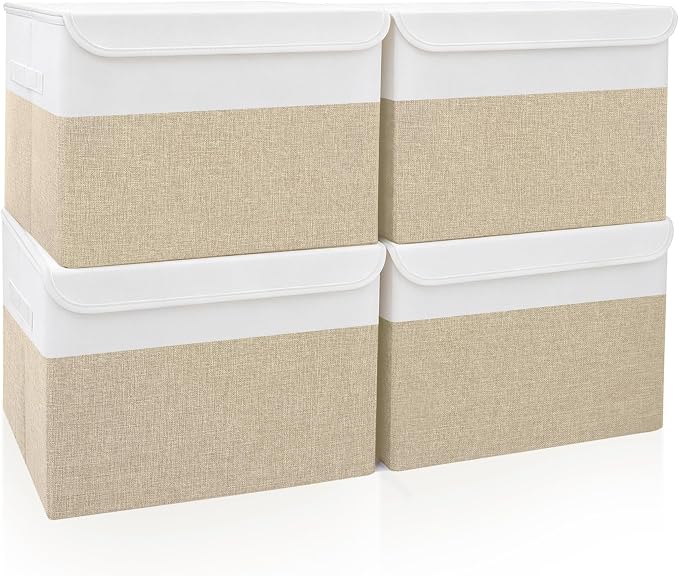 Bagnizer Large 22 Quart Linen Fabric Foldable Storage Bin Cube Organizer Basket with Flip-Top Lid & Handles, Clothes Blanket Box for Home, Office, Closet, Beige & White, 4 Pack 14.6 x 9.5 x 9.5”