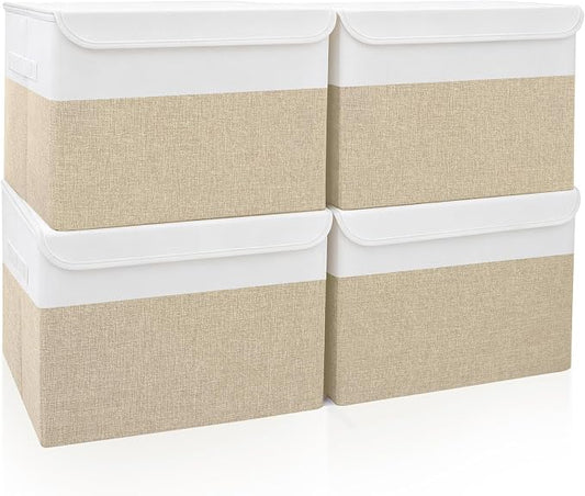 Bagnizer Large 22 Quart Linen Fabric Foldable Storage Bin Cube Organizer Basket with Flip-Top Lid & Handles, Clothes Blanket Box for Home, Office, Closet, Beige & White, 4 Pack 14.6 x 9.5 x 9.5”