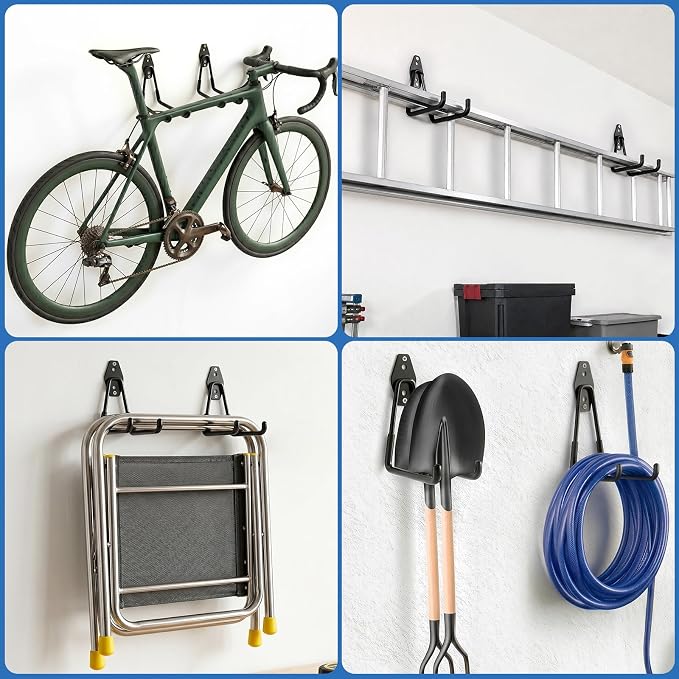 Garage Hooks Heavy Duty, 4 Pack Large 7.5 Inch Ladder Hooks Black | Steel Garage Storage Hooks, For Hanging Bikes, Tools, Chairs, Hoses, Ropes and Other Bulk Items, With Anti-Slip Coating