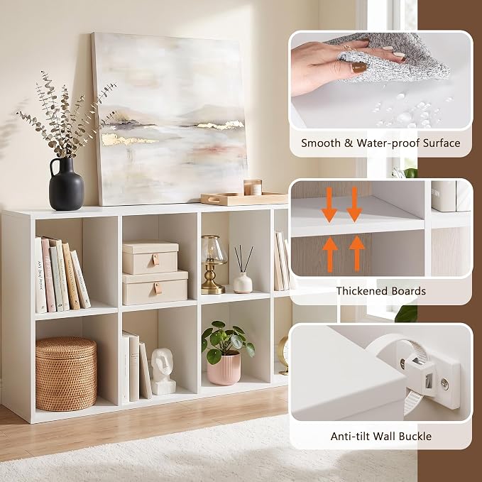 8 Cube Storage Organizer, White Cube Bookshelf, Multifunctional Bookcase | Open Storage Display Bookshelf, Modern Wood Open Bookcase, Display Shelf for Living Room Bedroom Home Office Entrance Hall