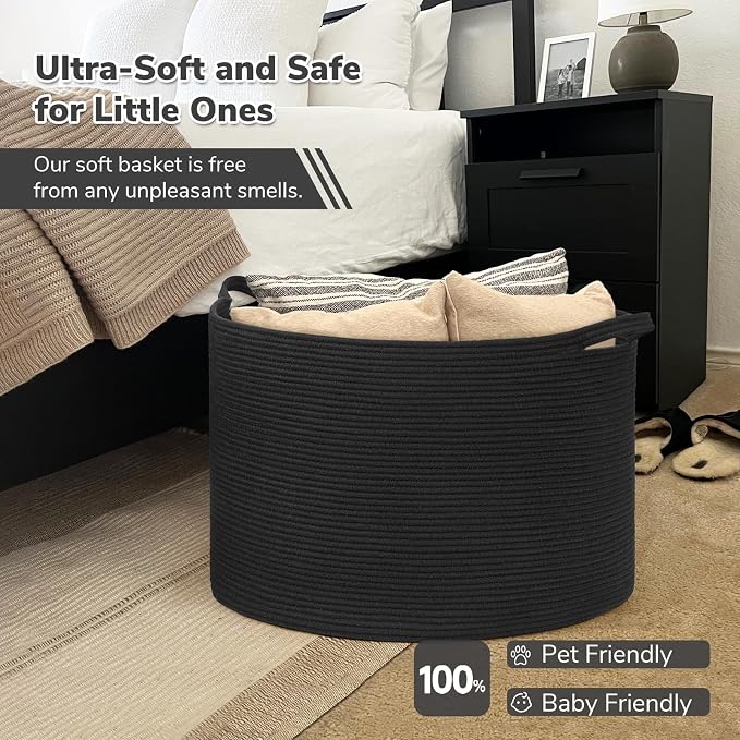 INDRESSME 115L Extra Large Woven Rope Blanket Basket Living Room, Black | 23.6" x 15.7" Storage baskets for toys laundry & pillows. Fits living room, bedroom or nursery décor. Soft-touch with handles