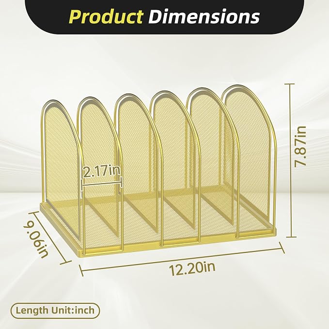 SUPEASY 5-Section File Organizer for Desk, Metal File Folder Holder, Gold | 5 Vertical Compartments with Sturdy Metal Base for Office Documents Books Magazines and Laptop