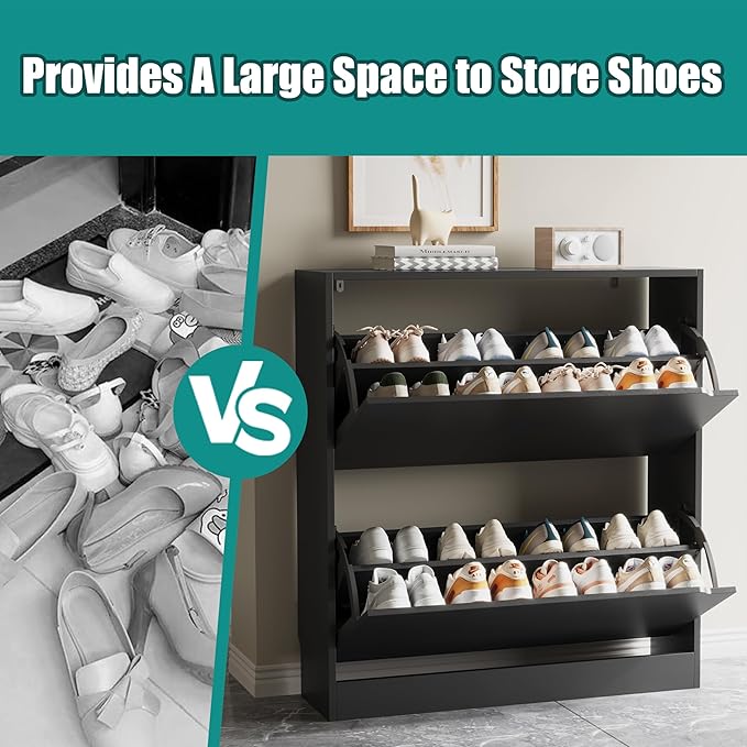 Xixini Shoe Storage Cabinet for Entryway with 2 Flip Drawers, Wood Freestanding Hidden Shoe Storage, Sturdy Narrow Slim Shoe Organizer for Front Door Entrance, Living Room, Hallway, Bedroom, Black
