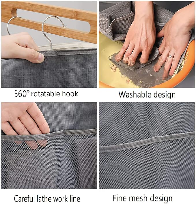 Closet Hanging Organizer with Mesh Pockets & Rotating Metal Hanger,Dual Sided Wall Shelf Wardrobe Storage Bags,Oxford Cloth Space Saver Bag for Bra Underwear Underpants Socks (gray)