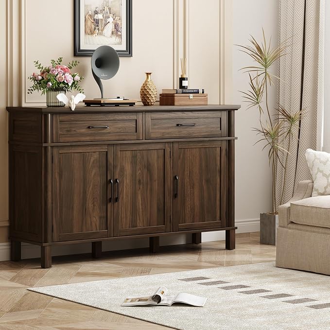 55 Inch Buffet Cabinet with Storage, Farmhouse Sideboard Buffet w/2 Drawers and 3 Doors, Wood Coffee Bar Cabinet with Adjustable Shelves, Sideboard Storage for Kitchen, Living Room, Walnut