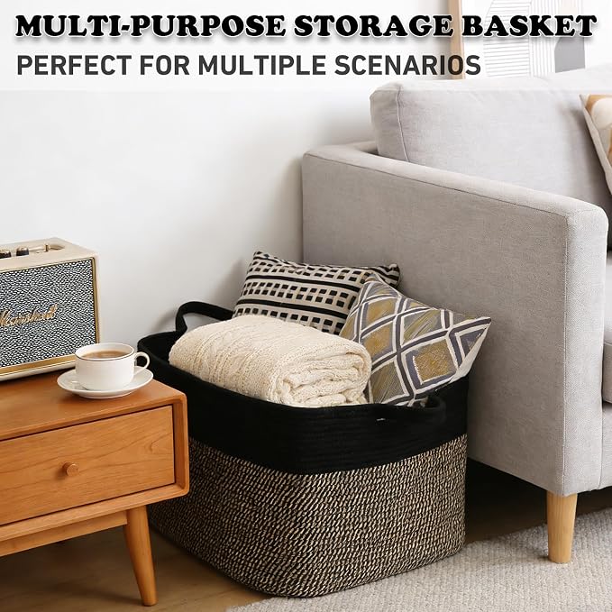 65L Collapsible Woven Rope Laundry Basket with Handles,Black/Jute | 21x16x12 Foldable Rectangular Blanket Basket for Toys, Clothes & Pillows,Ideal for Nursery, Bathroom, Bedroom, Living Room